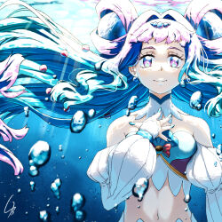 Rule 34 | 1girl, 4b-enpitsu, air bubble, blue hair, bubble, commentary, cure la mer, in water, laura la mer, long hair, navel, precure, purple eyes, solo, straight-on, submerged, sunlight, tropical-rouge! precure, underwater, upper body, very long hair, water