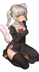 1girl animal_ears bad_id bad_twitter_id black_dress black_thighhighs blush breasts cat_ears cat_tail chinese_commentary closed_mouth commentary_request dress full_body garter_straps grey_hair highres juliet_sleeves long_sleeves looking_at_viewer medium_breasts medium_hair no_panties priest_(ragnarok_online) puffy_sleeves ragnarok_online rio seiza simple_background sitting solo tail thighhighs twintails white_background yellow_eyes