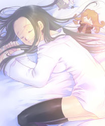 1girl bad_id bad_pixiv_id bed_sheet black_hair black_thighhighs blonde_hair closed_eyes coppelion doll drooling female_focus grey_hair hair_flowing_over hair_spread_out kurosawa_haruto long_hair lying ozu_kanon ozu_shion shirt shirt_slip sleeping smile solo stuffed_toy sunlight thighhighs wakanu white_shirt