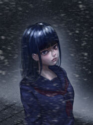 1girl absurdres arai_bokuseki black_hair blunt_bangs closed_mouth expressionless highres lips looking_at_viewer original outdoors procreate_(medium) school_uniform serafuku sidelocks snow upper_body winter