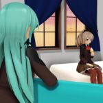 2girls 3d animated aqua_hair blush couch feeding female_focus food french_kiss heart holding holding_food ice_cream_cone indoors kantai_collection kaotaro12 kiss kumano_(kancolle) long_hair looking_at_another mikumikudance_(medium) multiple_girls on_couch ponytail saliva saliva_trail sidelocks silver_hair sitting suzuya_(kancolle) tongue tongue_out video yuri