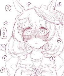 1girl blush breasts collarbone commentary_request eko_(yu-shao-eko) hair_between_eyes hair_ornament hairclip hat highres looking_at_viewer medium_breasts north_flight_(umamusume) open_mouth own_hands_together school_uniform simple_background sketch solo tracen_school_uniform translation_request umamusume white_background