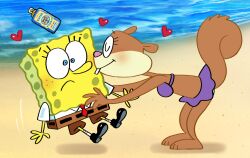 bare_legs barefoot bent_over blue_eyes blush bra brown_pants buck_teeth colored_skin eyelashes feet imminent_kiss kiss legs minoru_(nezumiisya) necktie nickelodeon ocean pants paramount_pictures purple_bra purple_skirt red_necktie sandy_cheeks shirt shoes skirt snad socks sponge spongebob_squarepants spongebob_squarepants_(series) squirrel surprise_kiss surprised tail teeth tomboy underwear white_shirt yellow_skin