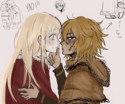 ! !! 2boys androgynous arrow_(symbol) beard blonde_hair blue_eyes blush boots brown_eyes canute cloak closed_eyes closed_mouth english_text eyebrows eyebrows_hidden_by_hair eyelashes face-to-face facial_hair finger_to_another&#039;s_mouth fur_trim highres hood kiss long_hair looking_at_another male_focus messy_hair multiple_boys popinikis prince profile red_cloak short_hair sweat sweatdrop thorfinn tiptoes viking vinland_saga yaoi