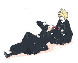 2boys arm_across_waist arm_up axel_(kingdom_hearts) black_boots black_coat black_coat_(kingdom_hearts) blonde_hair boots closed_eyes coat commentary_request flower full_body happy head_back holding holding_flower hood hood_down hooded_coat kingdom_hearts knee_boots knee_up light_smile long_coat long_hair lowres lying male_focus multiple_boys on_back on_grass open_mouth pink_flower pink_petals pixel_art red_hair roxas shadow short_hair sitting smile solo spiked_hair white_background yubon