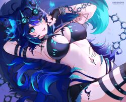 1girl ahoge animal_ear_fluff animal_ears arhunova arm_behind_head armpits artist_name bikini black_bikini black_choker black_gloves black_shorts blue_bikini blue_eyes blue_eyeshadow blue_hair breasts choker cleavage commission dog_ears dog_girl eyelashes eyeshadow fingerless_gloves gloves indie_virtual_youtuber large_breasts linea_alba lip_piercing long_hair makeup mismatched_bikini navel o-ring o-ring_choker open_mouth piercing scar scar_across_eye scar_on_face shorts skull_tattoo smile solo spite_(vtuber) stomach swimsuit tattoo virtual_youtuber