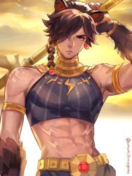 1boy abs afk_(series) afk_journey animal_ears artist_name bara bear_ears biceps black_hair black_shirt braid brown_fur brown_hair closed_mouth covered_pectorals dark-skinned_male dark_skin gem hideono6 highres holding holding_weapon looking_at_viewer male_focus midriff muscular muscular_male navel pectorals shirt soren_(afk) twitter_username weapon