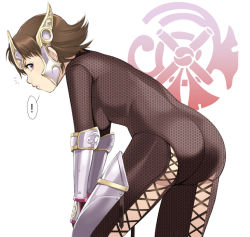 ! 1girl armor ass bad_id bad_pixiv_id brown_eyes brown_hair female_focus fishnets gauntlets helm helmet looking_back maou_alba sengoku_musou short_hair skin_tight solo tachibana_ginchiyo tiara