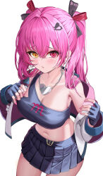 Rule 34 | 1girl, absurdres, alternate costume, alternate hair color, black gloves, black jacket, black skirt, black tube top, breasts, cleavage, collarbone, earrings, fingerless gloves, gloves, heart, heart earrings, heart in eye, highres, hololive, houshou marine, iii (hololive), jacket, jewelry, large breasts, long hair, midriff, miniskirt, mizurin, navel, pink hair, pleated skirt, purple eyes, single bare shoulder, skirt, solo, strapless, symbol in eye, tube top, twintails, virtual youtuber, yellow eyes