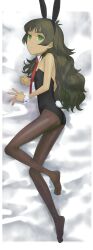 1girl animal_ears bare_shoulders barefoot black_leotard blunt_bangs breasts dakimakura_(medium) detached_collar expressionless fake_animal_ears fingernails full_body green_eyes green_hair highres hiyajou_maho legs leotard long_hair looking_at_viewer lying menomorute on_side pantyhose playboy_bunny rabbit_ears rabbit_tail ringed_eyes small_breasts solo steins;gate steins;gate_0 strapless strapless_leotard tail thighs wrist_cuffs