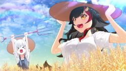 &gt;_&lt; :3 :d absurdres animal_ears arms_up black_hair blue_sky blush_stickers cloud commentary_request ears_through_headwear facing_viewer fang fox_ears fox_girl hat highres holding hololive light_rays loose_clothes loose_shirt maritchi ookami_mio open_mouth outdoors overalls pitchfork shirakami_fubuki shirt sky smile sun_glare sun_hat sunbeam sunlight t-shirt teeth upper_teeth_only virtual_youtuber wheat wheat_field white_hair wolf_ears wolf_girl yellow_eyes