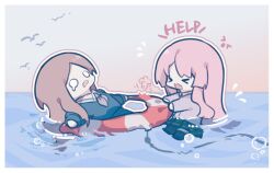 &gt;_&lt; 2girls artist_request bang_dream! bang_dream!_it&#039;s_mygo!!!!! blue_shirt blue_skirt border brown_hair chihaya_anon chinese_commentary commentary_request commission green_skirt grey_jacket highres innertube jacket long_hair multiple_girls nagasaki_soyo open_mouth partially_submerged pink_hair pleated_skirt second-party_source shirt sidelocks skirt swim_ring swimming wavy_mouth white_border