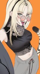 1girl :p absurdres aqua_eyes black_hair black_shirt black_tank_top blonde_hair breasts commentary ear_piercing fangs grey_pants highres hololive hololive_dev_is jewelry koganei_niko looking_at_viewer multicolored_hair navel necklace orange_background pants parted_bangs piercing shirt simple_background sleeveless sleeveless_shirt slit_pupils solo streaked_hair sunglasses sweatpants tail tank_top teeth tiger_tail tinted_eyewear tongue tongue_out tumugi_sunohara upper_teeth_only virtual_youtuber