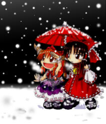 Rule 34 | 2girls, ascot, black background, bow, breath, brown horns, chain, chibi, chibi only, detached sleeves, frilled bow, frilled hair tubes, frills, gloves, hair between eyes, hair bow, hair tubes, hakurei reimu, hand up, holding, holding umbrella, horn ornament, horn ribbon, horns, ibuki suika, long hair, looking to the side, mail (mail gell), multiple girls, oil-paper umbrella, oni, orange hair, outdoors, red gloves, red scarf, red skirt, red umbrella, ribbon, ribbon-trimmed sleeves, ribbon trim, scarf, shared umbrella, skirt, skirt set, smile, snow, snowing, torn clothes, torn sleeves, touhou, umbrella, yellow ascot