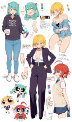 3girls absurdres ahoge aqua_hair artist_name bare_shoulders belt belt_buckle black_hoodie blonde_hair blue_eyes blue_shirt blue_skirt blush borrowed_character bottle breasts buckle cellphone character_print chibi chinese_commentary cigarette cleavage commentary cone_horns cropped_head cropped_legs cross cross-shaped_pupils cross_pasties cup cyjalway dated denim disembodied_hand english_text formal_clothes green_eyes hands_on_own_hips highres hipa_(some1else45) holding holding_behind_back holding_bottle holding_cigarette holding_cup holding_phone holding_screwdriver holding_wrench hood hood_down hoodie horns jacket jeans lanyard mug multiple_girls multiple_views nahia_(some1else45) off_shoulder office_lady open_clothes open_jacket open_shirt original pant_suit pants pasties phone pleated_skirt powerpuff_girls powerpuff_girls_(style) purple_jacket purple_pants red_eyes red_hair screwdriver sekoshi_(some1else45) shirt shirt_tucked_in skirt speech_bubble suit suit_jacket sweat sweater_vest symbol-shaped_pupils tonari_no_totoro torn_clothes torn_jeans torn_pants totoro twitter_username unworn_lanyard wavy_mouth white_shirt wrench