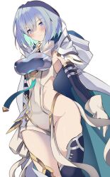 1girl blue_eyes blue_hair blush breasts cape dreizehn_(shadowverse) gloves green_cape highres hood hood_down hooded_cape koshian_(taiyaki) leotard medium_hair no_panties shadowverse shadowverse:_worlds_beyond simple_background solo two-sided_cape two-sided_fabric white_background white_cape white_gloves white_leotard