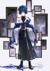 1boy alternate_costume belt beret black_boots black_hair black_pants black_shirt black_undershirt blue_hat blue_shawl blunt_ends boots camera casual collared_shirt contemporary doll drawstring eyelashes eyeliner eyeshadow feathers flower fringe_trim full_body genshin_impact gold_trim hair_intakes hakama hakama_pants hat heart_(organ) highres holding holding_camera irminsul japanese_clothes lace-up_boots long_sleeves looking_at_viewer lotus makeup male_focus neyti_(neytirv) official_alternate_costume pants parted_lips picture_frame pom_pom_(clothes) portrait_(object) purple_belt purple_eyes red_eyeliner red_eyeshadow scaramouche&#039;s_sickly_friend_(genshin_impact) scaramouche_(genshin_impact) scaramouche_(kabukimono)_(genshin_impact) shawl shirt solo standing straight-on turtleneck turtleneck_shirt wanderer_(genshin_impact) wanderer_(wanderer_impression)_(genshin_impact) white_shirt white_sleeves wing_collar yellow_feathers