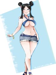 Rule 34 | 1girl, alternate costume, bikini, bikini under clothes, black hair, breasts, embarrassed, fairy tail, flatpancakesjim, flowers in hair, large breasts, minerva orlando, short pants, shorts, simple background, summer, swimsuit, underboob