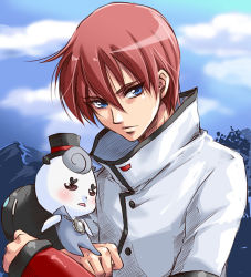 10s 1boy bad_id bad_pixiv_id blue_background blue_eyes blush coat creature creature_and_personification dual_persona happinesscharge_precure! hat male_focus pana_(1122) personification phanphan_(happinesscharge_precure!) phantom_(happinesscharge_precure!) precure red_hair spoilers top_hat