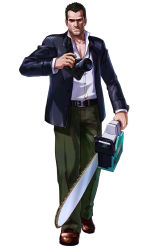 1boy black_hair camera capcom chainsaw dead_rising facial_hair frank_west male_focus official_art project_x_zone short_hair single-lens_reflex_camera solo stubble