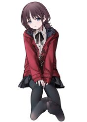 absurdres belt black_pantyhose blue_eyes bow bowtie brown_hair collared_shirt feet girls_band_cry highres hood hooded_jacket iseri_nina jacket long_hair looking_at_viewer low_twintails nagata_gata open_mouth pantyhose pleated_skirt shirt sitting skirt soles toes twintails white_background white_shirt
