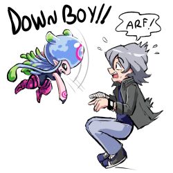 Rule 34 | bandaged arm, bandages, blue eyes, digimon, digimon (creature), digimon ghost game, english text, higashimitarai kiyoshiro, jellyfish girl, jellymon, la wuchi, looking at another, meme, monster girl, short hair, simple background, tentacle hair, tentacles, white background, white hair