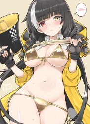1girl bikini black_gloves black_hair blush breasts cleavage clothes_lift fingerless_gloves front-tie_bikini_top front-tie_top fujii_jun girls&#039;_frontline gloves gold_bikini groin heterochromia holding holding_microphone jacket large_breasts long_hair looking_at_viewer low_twintails microphone multicolored_hair navel open_clothes open_jacket red_eyes ro635_(girls&#039;_frontline) shiny_clothes shiny_skin shirt_lift side-tie_bikini_bottom solo speech_bubble spoken_blush streaked_hair swimsuit twintails underboob very_long_hair white_hair yellow_eyes yellow_jacket