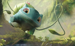 3d brown_eyes bulbasaur claws closed_mouth commentary creature day english_commentary gen_1_pokemon grass looking_at_viewer mpc_film nature nintendo no_humans official_art outdoors plant pokemon pokemon_(creature) pokemon_tcg solo standing third-party_source tree vines