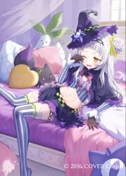 1girl amenosaka_nono arched_bangs asymmetrical_hair bed black_capelet black_hairband black_hat blue_skirt blurry blush bokeh bow bowtie breasts brooch brown_gloves capelet commentary_request cropped_shirt curtains day depth_of_field feet_out_of_frame frilled_pillow frilled_sleeves frills gloves grey_hair grey_shirt grey_thighhighs hair_bun hairband hat heart heart-shaped_pillow hexagram_hair_ornament hololive jewelry knees_together_feet_apart long_hair long_sleeves lying miniskirt morning murasaki_shion murasaki_shion_(1st_costume) navel official_alternate_costume official_art on_bed on_side open_mouth orange_eyes pillow pink_bow pink_bowtie pinstripe_pattern pinstripe_shirt rubbing_eyes shirt short_eyebrows side_up_bun single_side_bun skirt small_breasts solo sparkle star_brooch stomach striped_clothes striped_shirt striped_thighhighs sunlight thigh_strap thighhighs two-tone_thighhighs vertical-striped_clothes vertical-striped_shirt vertical-striped_thighhighs virtual_youtuber waking_up watermark white_thighhighs window witch_hat zettai_ryouiki