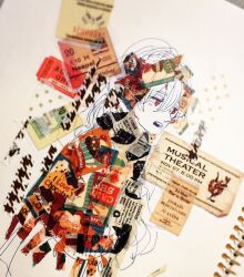 Rule 34 | 1girl, abstract, collage, commentary request, english text, from side, gait, hair between eyes, hairband, long hair, looking ahead, masking tape (medium), mixed media, open mouth, original, photo (medium), red eyes, red hairband, red poncho, solo, teeth, traditional media, unconventional media, upper body, upper teeth only, white background, white hair