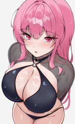 1girl arms_behind_back blush breasts cleavage commentary curvy english_commentary eyelashes from_above hair_between_eyes highres hololive hololive_english holonatsu_paradise large_breasts long_hair looking_at_viewer mori_calliope mori_calliope_(holonatsu_paradise) official_alternate_costume open_mouth pink_hair red_eyes shiny_skin solo swimsuit thick_thighs thighs virtual_youtuber wet wet_hair white_background zeropen