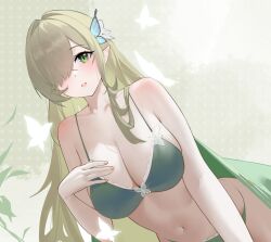 1girl absurdres annlee azur_lane bare_arms bare_shoulders bikini blanket breasts bug butterfly butterfly_hair_ornament chinese_commentary collarbone commentary_request de_zeven_provincien_(azur_lane) de_zeven_provincien_(snuggling_for_warmth)_(azur_lane) diamond-shaped_pupils diamond_(shape) green_bikini green_blanket green_eyes green_hair hair_ornament hair_over_one_eye highres insect large_breasts long_bangs long_hair looking_at_viewer nail_polish navel orange_nails pointy_ears solo stomach swept_bangs swimsuit symbol-shaped_pupils very_long_hair