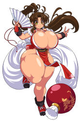 1girl ass breasts brown_hair curvy full_body gigantic_breasts great_magami hand_fan high_ponytail huge_ass japanese_clothes long_hair looking_at_viewer pelvic_curtain ponytail revealing_clothes shiranui_mai simple_background smile solo the_king_of_fighters thick_thighs thighs wide_hips