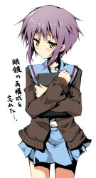 1girl blue_sailor_collar blue_skirt blush brown_cardigan cardigan kita_high_school_uniform long_sleeves nagato_yuki open_cardigan open_clothes piromizu sailor_collar school_uniform serafuku short_hair simple_background skirt solo suzumiya_haruhi_no_yuuutsu variant_set white_background winter_uniform