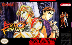 2boys alley blonde_hair dougi fingerless_gloves game_console gloves karate_gi multiple_boys muscular muscular_male nintendo oobari_masami robert_garcia ryuuko_no_ken sakazaki_ryo super_nintendo takara