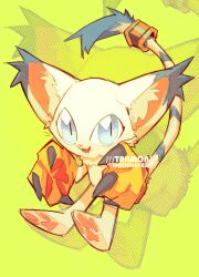 1other animal_ear_fluff artist_name blue_eyes character_name chinese_commentary claws commentary_request digimon digimon_(creature) full_body furry green_background moonagvaze open_mouth pawpads slit_pupils solo tailmon zoom_layer
