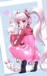 1girl alice_(nikke) animal animal_ear_headphones animal_ears ass bodysuit breasts fake_animal_ears from_behind full_body goddess_of_victory:_nikke headphones heart highres holding holding_animal korean_commentary long_hair looking_at_viewer looking_back medium_breasts pink_bodysuit pink_eyes pink_hair rabbit revision shoes skin_tight soles squatting tiptoes toriseru_(rare_stone) twintails very_long_hair