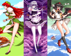 4girls apron black_hair black_panties braid catfish female_focus fish geta grey_hair hong_meiling inubashiri_momiji izayoi_sakuya knife legs long_hair maid maid_apron maid_headdress miyamoto_ryuuichi multiple_girls namazu_(touhou) panties red_hair shameimaru_aya tengu-geta thighhighs throwing_knife touhou touhou_hisoutensoku twin_braids underwear upskirt weapon white_panties zettai_ryouiki