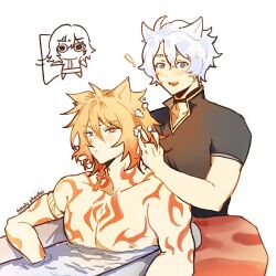 ! 2boys ahoge arm_tattoo armlet bathtub black_choker black_shirt blonde_hair blue_eyes blush braid chest_tattoo chibi choker commentary english_commentary facial_tattoo gradient_hair hair_between_eyes hand_in_another&#039;s_hair honkai:_star_rail honkai_(series) jewelry male_focus medium_hair multicolored_hair multiple_boys mydei_(honkai:_star_rail) parted_bangs partially_submerged phainon_(honkai:_star_rail) red_hair red_tattoo shirt short_hair short_sleeves side_braid stelle_(honkai:_star_rail) tattoo timelyphaidei topless_male trailblazer_(honkai:_star_rail) white_hair yaoi yellow_eyes
