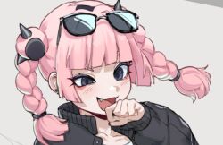 1girl :d black_jacket blunt_bangs blush braid coral_(pokemon) ear_piercing earrings eyewear_on_head fang hair_over_one_eye jacket jewelry k-rha&#039;s long_sleeves nintendo open_mouth piercing pink_hair pokemon pokemon_(anime) pokemon_horizons shirt smile solo spikes sunglasses teeth tongue twin_braids twintails upper_body