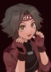 :3 :d alternate_costume black_background black_shirt brown_eyes chain chain_necklace claw_pose crop_top fingerless_gloves genderswap genderswap_(mtf) gloves gon_freecss hairband highres hunter_x_hunter ik18166181ik jacket jewelry looking_at_viewer necklace open_mouth red_gloves red_jacket shirt simple_background smile solo spiked_hair upper_body white_hairband yellow_pupils