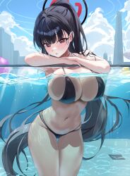 Rule 34 | 1girl, absurdres, alternate costume, alternate hairstyle, ball, bare arms, beachball, bikini, black bikini, black hair, black halo, blue archive, blue sky, blunt bangs, blush, breasts, bright pupils, cleavage, cloud, commentary, cowboy shot, cumulonimbus cloud, curvy, day, eyelashes, floating hair, hair behind ear, hair intakes, halo, hido88, highres, large breasts, long hair, looking at viewer, multicolored halo, navel, outdoors, parted lips, partially submerged, partially underwater shot, ponytail, pool, red eyes, red halo, ringed eyes, rio (blue archive), sketch, skindentation, sky, solo, stomach, swimsuit, symbol-only commentary, thigh gap, thighs, two-tone halo, underwater, very long hair, water, white pupils