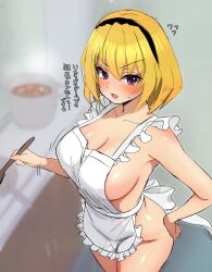 Rule 34 | 1girl, aged up, apron, black hairband, blonde hair, blurry, blurry background, blush, breasts, hairband, hand on own hip, highres, higurashi no naku koro ni, houjou satoko, indoors, large breasts, naked apron, open mouth, purple eyes, solo, standing, sweat, translation request, v-shaped eyebrows, yuno ff
