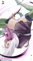 1girl braid breasts commentary demon_slayer_uniform fengling_(furin-jp) gradient_hair green_eyes green_hair green_thighhighs haori highres holding holding_sword holding_weapon japanese_clothes kanroji_mitsuri kimetsu_no_yaiba looking_at_viewer medium_breasts mole mole_under_eye multicolored_hair pink_hair ribbed_thighhighs solo sword thighhighs twin_braids upside-down weapon whip_sword