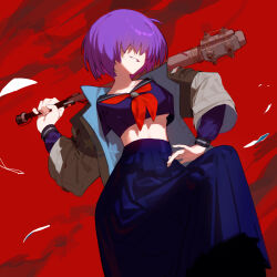 1girl baseball_bat blue_skirt breasts brown_jacket carrying_over_shoulder crop_top crop_top_overhang facing_to_the_side feet_out_of_frame grin hair_over_eyes hand_on_own_hip high-waist_skirt highres holding holding_baseball_bat jacket long_sleeves mara_(raneblu) midriff neckerchief open_clothes open_jacket open_mouth original purple_hair purple_shirt raneblu red_neckerchief sailor_collar school_uniform shirt skirt small_breasts smile solo