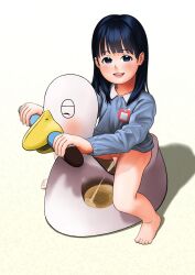 1girl animal barefoot bird black_hair blue_eyes blue_shirt blush bottomless censored duck flat_chest heart heart_censor highres kindergarten_uniform loli long_hair long_sleeves looking_at_viewer name_tag open_mouth original peeing potty pussy shirt shoumizumaru_magamo sitting smile white_background x-ray
