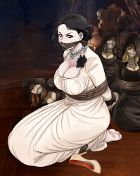 4girls absurdres alcina_dimitrescu blonde_hair bound bound_together breasts cleavage cloth_gag daniela_dimitrescu dress gag gagged glaring highres improvised_gag large_breasts large_hat looking_at_viewer lost_one_zero multiple_girls resident_evil resident_evil_village restrained shaded_face white_dress