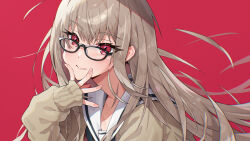 Rule 34 | 1girl, black-framed eyewear, blush, brown cardigan, brown hair, cardigan, closed mouth, commentary request, crossed bangs, fingernails, furen e lustario, hand on own face, hand up, highres, long hair, looking at viewer, muco lita, nijisanji, open cardigan, open clothes, portrait, red background, red eyes, sailor collar, school uniform, simple background, sleeves past wrists, smile, solo, thick eyelashes, virtual youtuber, white sailor collar, wispy bangs