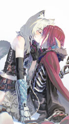 2girls absurdres animal_ears belt black_gloves black_vest blush cape chain closed_eyes collar_tug commentary gauntlets girls_band_cry girls_band_cry_rpg gloves grey_hair highres iseri_nina kawaragi_momoka kemonomimi_mode kiss long_hair long_sleeves multiple_girls red_cape red_hair short_twintails simple_background tail twintails vest white_background wolf_ears wolf_girl wolf_tail ydpfa yuri