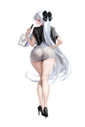 1girl absurdres ass black_jacket blue_eyes blush bow bracelet breasts cellphone cellphone_charm character_charm charm_(object) cinderella_(beautiful_me)_(nikke) cinderella_(nikke) commentary cropped_jacket dongtan_dress dress from_behind full_body goddess_of_victory:_nikke grey_dress hair_bow hair_over_one_eye hand_on_own_hip hido_(cherryhido) high_heels highres holding holding_phone jacket jacket_on_shoulders jewelry large_breasts long_hair looking_to_the_side meme_attire phone red_eyes see-through_clothes see-through_dress short_dress simple_background smartphone solo standing taut_clothes taut_dress thighs thong very_long_hair white_background white_hair